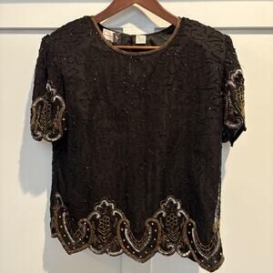 Vintage Laurence Kazar Top Womens Large Silk Beaded Sequin‎ Short Sleeve 90s